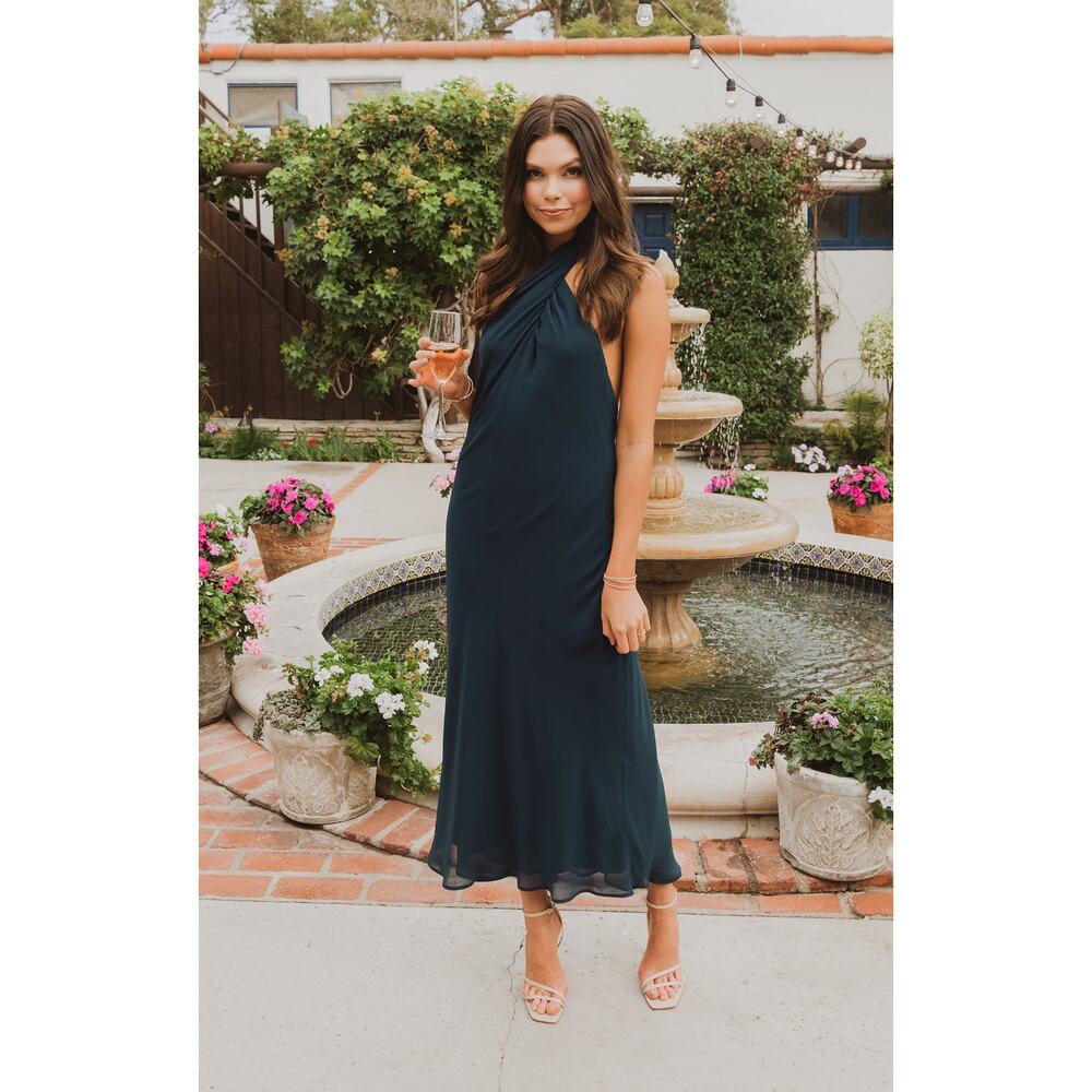 Show Me Your Mumu Jasmine Halter Midi Dress in Emerald Chiffon M